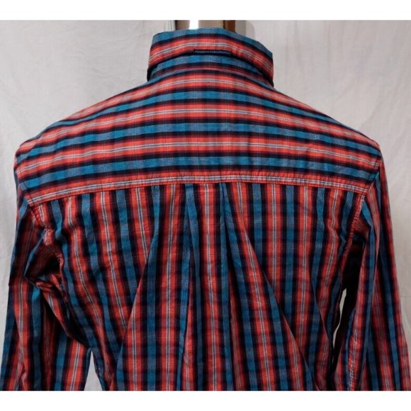 Wrangler Performance Mens Medium Red blue Stripe Long Sleeve Button Logo Shirt - Picture 8 of 11